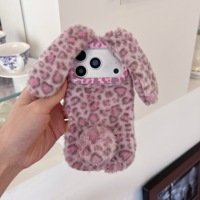 Coque Hiver Chaude en Peluche Léopard 3D avec Oreilles de Lapin pour iPhone 13 14 15 16 17 18 Pro Max – Housse Douce et Moelleuse en Fourrure de Lapin