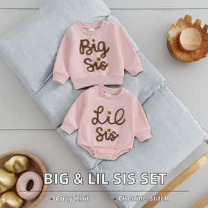 ชุดเสื้อสเวตเชิ้ตพี่สาวแบบกำหนดเองพร้อมชุดรอมเปอร์น้องสาว ลายปะติด LIL SIS สไตล์โบโฮ ผ้าโพลีเอสเตอร์/คอตตอน เสื้อกันหนาวเด็กผู้หญิงทรงบับเบิ้ล - Product Image 2