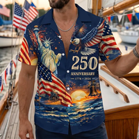 Kemeja Kasual Hawaii Custom Print Pria, Ulang Tahun Kemerdekaan Amerika ke-250, Kancing Depan, Lengan Pendek, 100% Poliester, Produsen OEM ODM