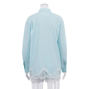 <b>Women's</b> Light Blue <b>2</b> <b>Piece</b> Shorts Set Lace Trim Oxford Shirt Loose Fit Turn-down Collar Casual Spring Summer <b>Outfit</b> - Product Image 6
