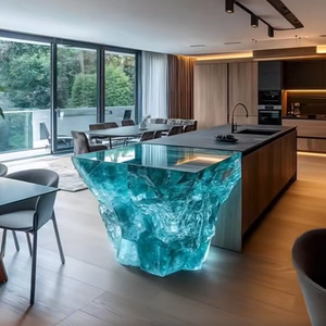 Comptoir de cuisine et salle à manger moderne en résine transparente écologique, lumineux, motif glacier, structure sans cadre - Product Image 1