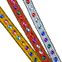 Acrylique Gemme Tricoté Polyester Dentelle Tissu Vêtements À La Main Diamant Cristal Ruban 3cm Perlé Costume De Danse Folklorique Ttrimming