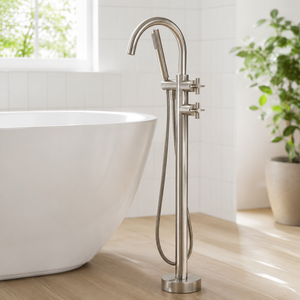 Grifo <span class=keywords><strong>de</strong></span> bañera <span class=keywords><strong>de</strong></span> pie con cuello <span class=keywords><strong>de</strong></span> cisne, doble manija cruzada, <span class=keywords><strong>ducha</strong></span> <span class=keywords><strong>de</strong></span> mano, níquel cepillado, venta al por mayor <span class=keywords><strong>de</strong></span> fábrica - Product Image 4