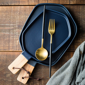 Plateau à salade en céramique avec manche en bois, pour <span class=keywords><strong>restaurant</strong></span> et hôtel, de style nordique, assiette à steak, couleur pure mate, 1 pièce - Product Image 4