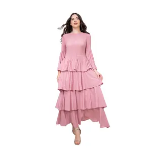 Mulheres Boho Longo Plissado Vestido Casual Ruffle Sleeve Tripulação Pescoço Camadas Sexy Festa Robe Feriado Aniversário Igreja Ocasiões Especiais