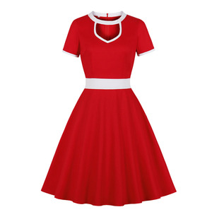 Short Sleeve Cotton Elegant <strong>Red</strong> Dress AT2235 Solid Color Summer 50s 60s Retro Vintage Dresses Robe Femme - Product Image 1