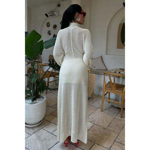 Vestido de punto calado Sobe con cuello alto, ajuste holgado, color crudo, transpirable, para uso diario informal - Product Image 5