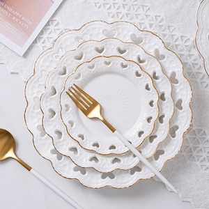 Embossed Hollow Ceramic Dinner Plate Gold Rim Breakfast <b>Pasta</b> Dessert Bread Fruit Serving Tray Restaurant Dinnerware 20Pcs - Product Image 1