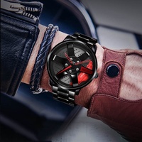 Montre Homme Quartz Noire Luxe Cool Unique Jante Volant 3D Voiture