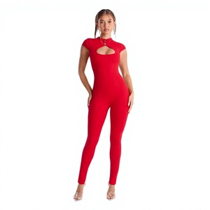 Women's Red High Waist Full Length <b>Jumpsuit</b> Turtleneck <b>Short</b> Sleeve Out Sexy Clubwear Skin Tight Stretchy Spandex Polyester - Product Image 1