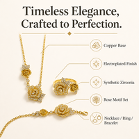 Ensemble de bijoux de luxe en forme de rose, collier, bague, bracelet, cuivre, ton or, zircone synthétique, cadeau de mariage pour femme, élégant