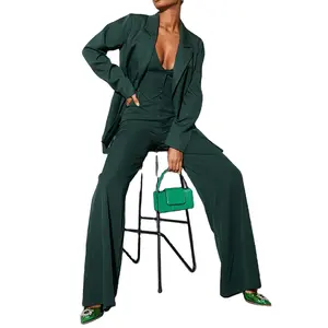 厂家来样定做女式深绿色休闲办公高腰双带圈套装宽腿裤