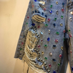 Women's Summer Denim Shorts High Waist Cropped Distressed Punk Style Rhinestone Embellished with <b>Chains</b> and Frayed Hem - Product Image 2