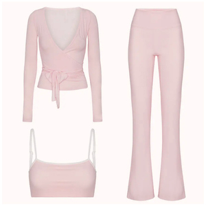 Conjunto de salón para mujer, blusas envolventes de Ballet de colores <span class=keywords><strong>con</strong></span> logotipo personalizado, Tops <span class=keywords><strong>con</strong></span> pantalones acampanados, conjuntos plegables sobre mallas de Yoga, conjunto de salón para mujer - Product Image 1