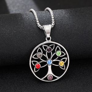 Wholesale 316L Stainless Steel Jewelry Zircon Color Stone Tree of Life Pendant Necklace Viking Fashion Jewelry - Product Image 2
