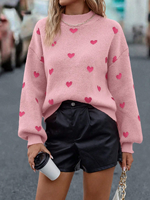 Pull Fashion Lady Love Heart Pattern Pull à col montant et à épaules tombantes