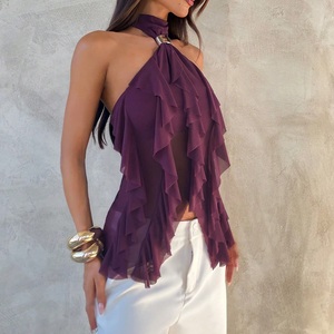 OEM ODM Custom <b>Women</b> Halter Neck Ruffle Sheer <b>Mesh</b> Chiffon Blouse Sleeveless Backless Evening Club Party <b>Tops</b> - Product Image 2