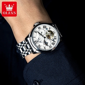 OLEVS 7013 Men's Watch Fashion Moon Phase Mechanical Watch For Men Waterproof Roman Scale Hollow Flywheel Automatic Hand <b>Clock</b> - Product Image 4
