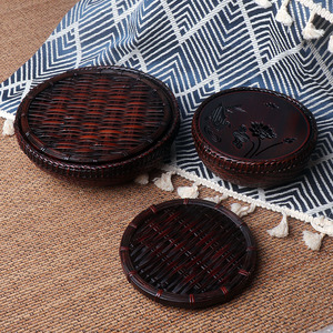 Bamboo Woven Round <b>Tea</b> Tray Handmade Traditional Chinese Style <b>Tea</b> Stand Coaster <b>Set</b> - Product Image 1