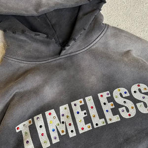 Custom 100% algodón Unisex Streetwear Regular Fit Distressed Acid Wash Sun Faded Summer Hoodie Vintage 3D Print Rhinestone Detail - Product Image 2