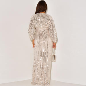 Neueste Luxus Meerjungfrau Design Elegante V-Ausschnitt Slim Pailletten Maxi kleid für Frauen Vintage Style Party kleider Lace Belt Club 2 Stück - Product Image 2