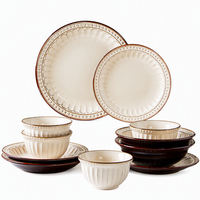 Service de table en céramique vintage gaufré, assiettes et bols, vaisselle de luxe sous glaçure