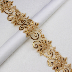 Großhandel Stickerei Chemische Applikation Trimmen Spitze Bestickte Mesh Polyester <span class=keywords><strong>Gold</strong></span> Perlen Pailletten Spitzen besatz für Kleid - Product Image 2
