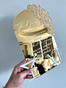 Logotipo personalizado con forma de espejo cortado con láser, lámina dorada, acrílico, tarjetas de menú de boda, diseño Floral con iconos de bebidas en 3D - Product Image 2