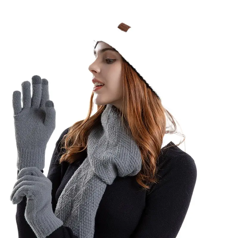 Bonnet d'hiver en laine tricoté à la mode Bonnet chaud pour femmes, écharpe et gants, ensemble de trois pièces