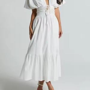 Nuevo Vestido Informal de Otoño con Logotipo Personalizado, Vestido de Lino y Algodón Modesto con Escote en V Profundo y Manga Corta para Mujer - Product Image 3