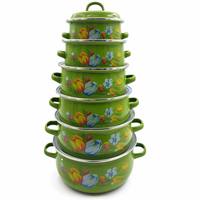 Ensemble de casseroles EliteCook 6 pièces en émail vert, motif floral, antiadhésif, empilable, ustensiles de cuisine, vente en gros, usine