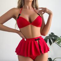 New Ladies' Big Red Hot Sexy Underwear Mesh Strap Buckle Short Skirt Side Split <strong>Romance</strong> Three Piece Set Ladies