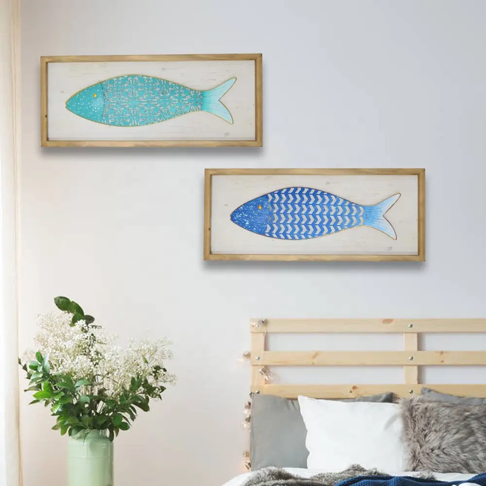 Nordic Style Decorative Wood Wall Panel With Laser Cut Metal Fish In Blue Supply Wood Panels For Walls