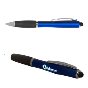 Toptan reklam ucuz Led ışık kalem Stylus ile özel baskılı baskı Logo plastik mavi yazma tükenmez tükenmez