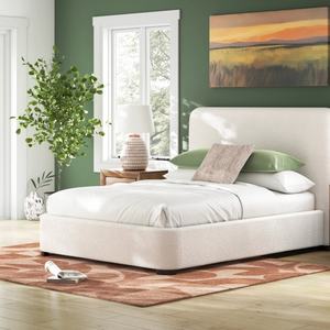 Cadre de lit en bois crème moderne avec tête de lit haute en tissu, panneau sculpté à la main, rembourrage élégant pour chambre à coucher - Product Image 6