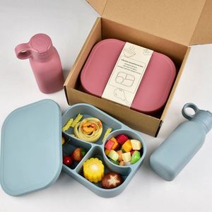 Kids Adults Reusable Silicone 1340Ml Leakproof 4 Compartments BPA Free Food Container Storage Microwave Safe Bento <b>Lunch</b> Box <b>Set</b> - Product Image 4