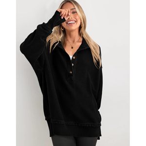Womens Oversized Long Sleeve Hoodie Button Down V Neck Sweatshirt Knitted Asymmetric Casual Pullover <b>Tops</b> - Product Image 3