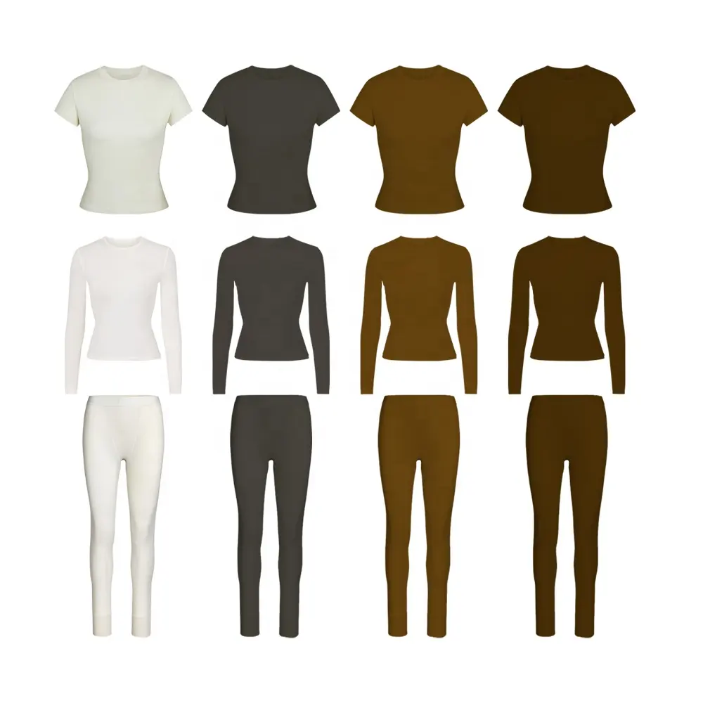 Conjunto de roupa de baixo feminina, conjunto modal de algodão com camiseta de manga longa com calções e perneiras nude, conjunto de duas peças