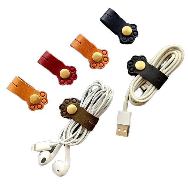 Cable Organizer PU Leather Earphone Clips Cat Paw Cable Winder USB Charger Data Line Cable Protector Desk Organizer