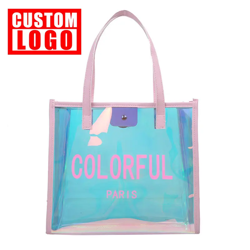 Logotipo personalizado Mulheres Saco Transparente Sac Um Holograma Principal Laser Clear Pvc Shopping Bag Senhoras Holográfico Beach Tote Bags