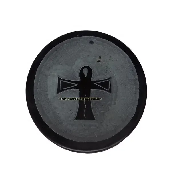 Ankh Symbol Soapstone incenso Stick Ash Catcher Burner Holder Dhoop Stand con colore grigio e nero In forma circolare