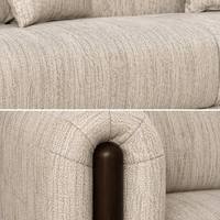 Canapé 3 places minimaliste nordique en tissu texturé beige, fauteuil bas avec coussins et accents en bois, mobilier de salon