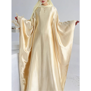 Luxury Modest Muslim Maxi Dress with Hijab Satin Bat Sleeve Abaya Islamic Dubai <b>Kaftan</b> for Daily - Product Image 1