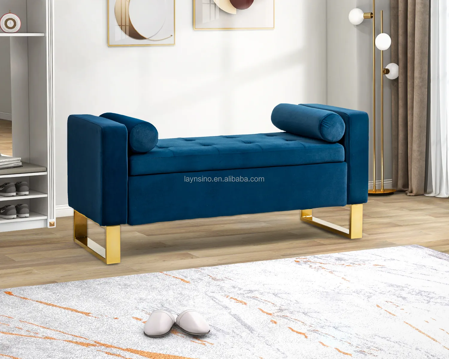 Modern Adjustable Antique Nordic Ottoman Storage Bench Blue Velvet Upholstered Bed Bench Long Simple Style Soft Bench