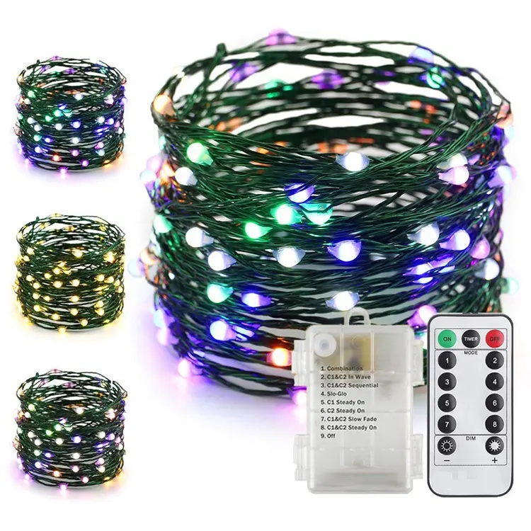 33Ft 100 LED สีเปลี่ยน8โหมดสีเขียวทองแดงลวดคริสต์มาสไฟแบตเตอรี่ดำเนินการ Fairy String ไฟกับระยะไกล