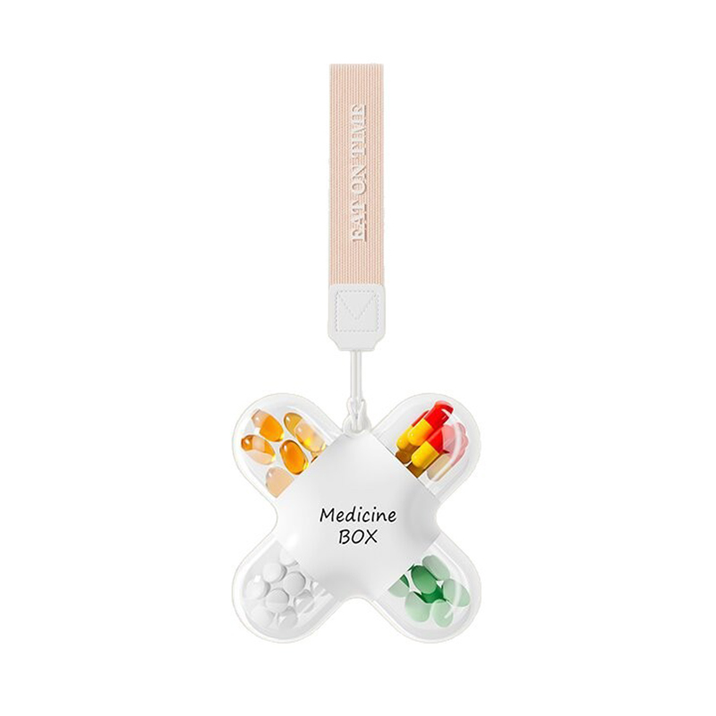 Portable 4-Compartment Travel Pill Organizer Cute Clover Shape Medicine Box with Lanyard for Daily Use