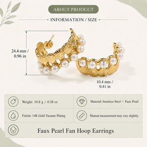 Boucles d'oreilles créoles en forme d'éventail avec fausses perles dorées, en acier inoxydable texturé coquille, plaqué or 14K sous vide - Product Image 3