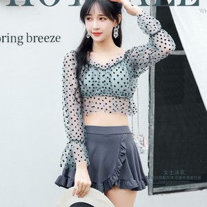 Conjunto de traje de baño de dos piezas para mujer Baiya, top corto de manga larga con falda, cintura elástica, línea A, azul, para vacaciones en aguas termales - Product Image 2
