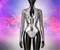 Rave-outfit glanzende metallic high neck zip monokini bodysuit lange mesh mouw J'Ouvert carnaval maandag outfit groothandel aangepaste logo
