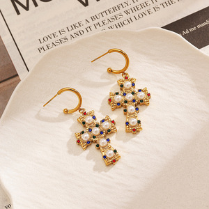 Boucles d'oreilles croisées en forme d'anneau, fausses perles, zircon, plaqué or, style vintage, pour femmes, bijoux tendance - Product Image 5